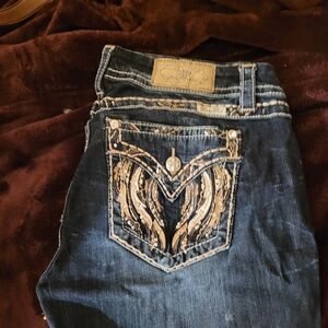 Miss Me Dark Blue Boot Cut Jeans with Gold Embellishments